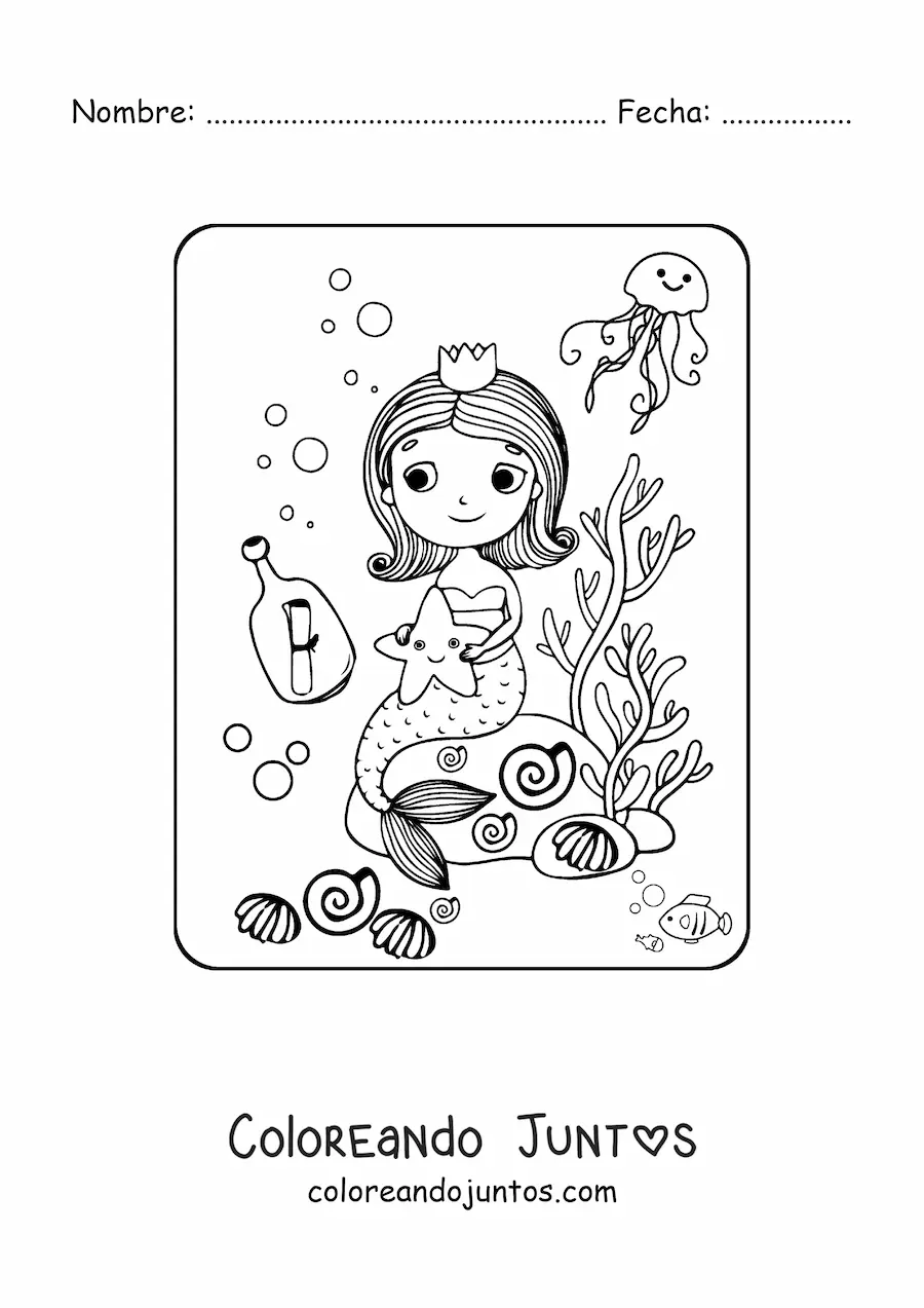 Imagen para colorear de princesa sirena kawaii sentada en una roca con peces