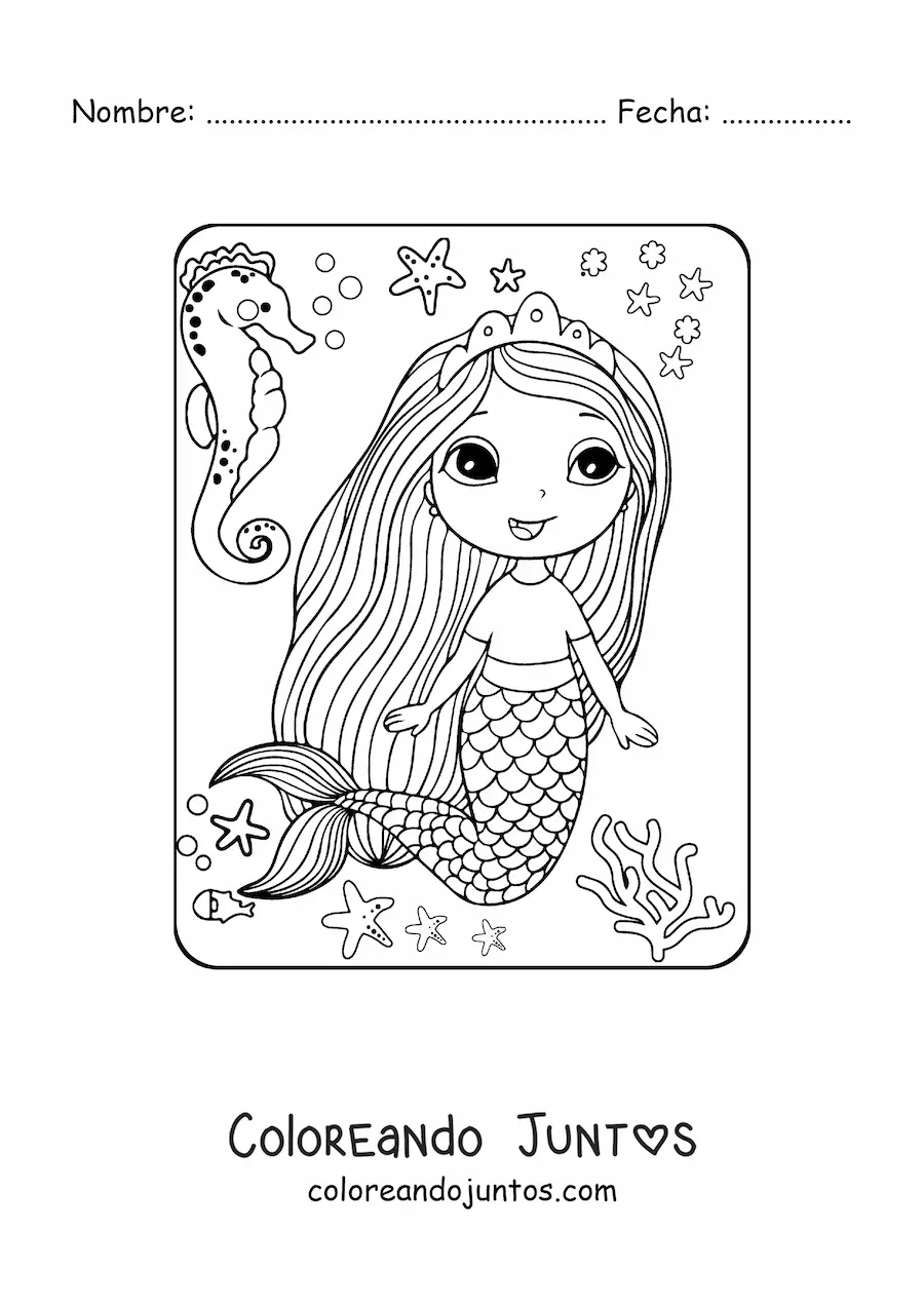 Imagen para colorear de princesa sirena kawaii nadando con un caballito de mar