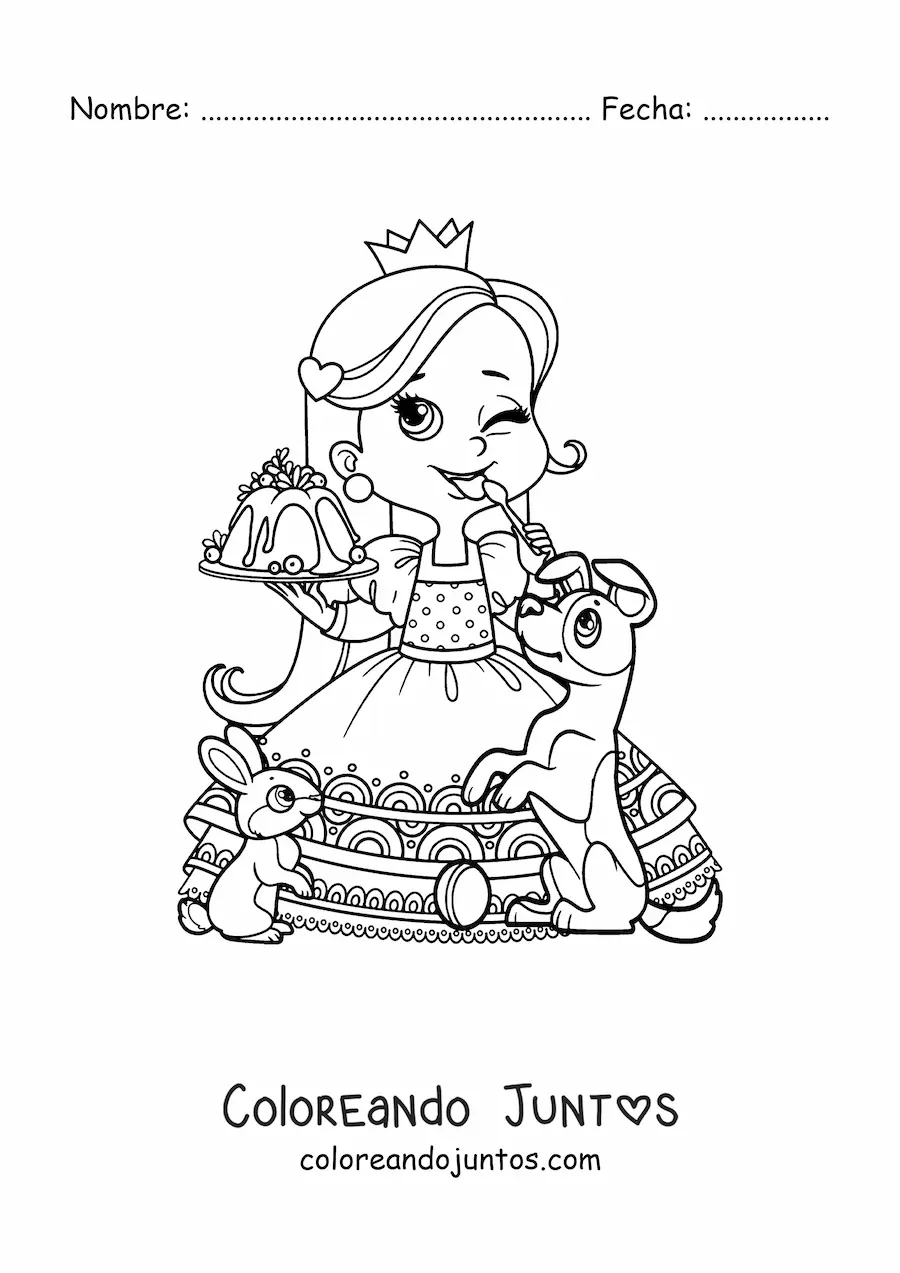 Imagen para colorear de princesa kawaii con postre y mascotas