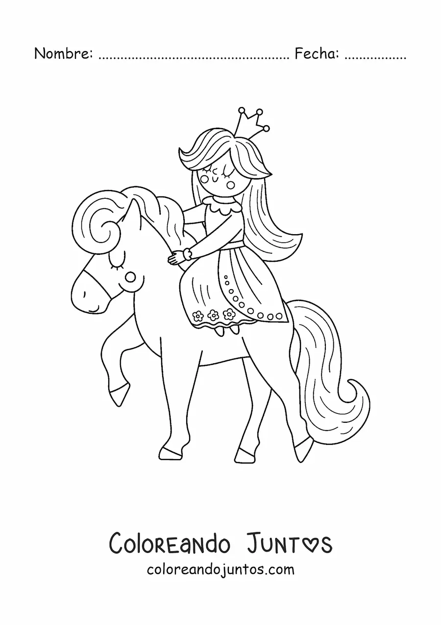 Imagen para colorear de princesa kawaii sobre un pony