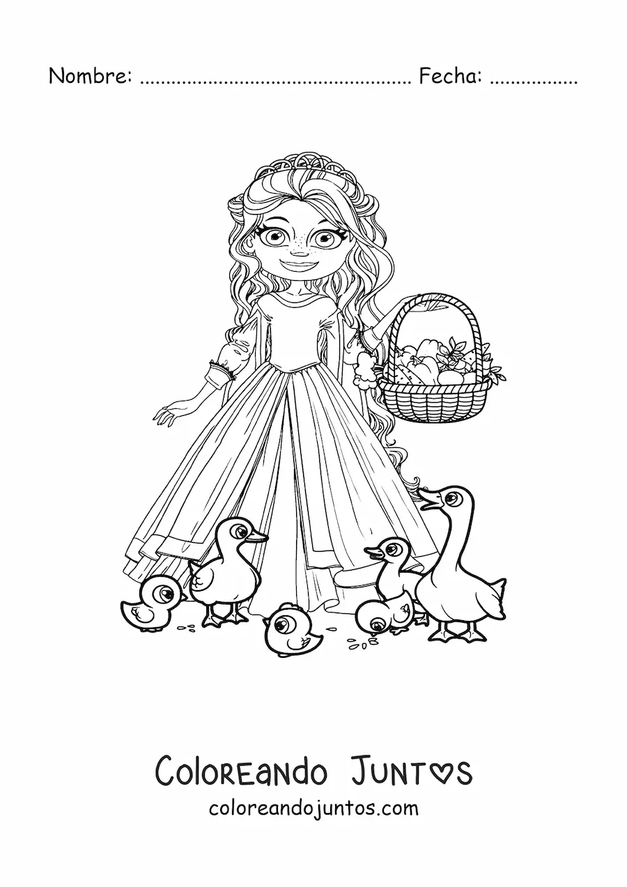 Imagen para colorear de princesa animada con cesta de frutas alimentando patos