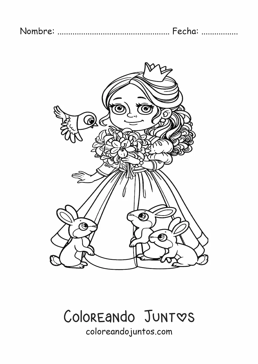 Imagen para colorear de princesa kawaii con mascotas y flores