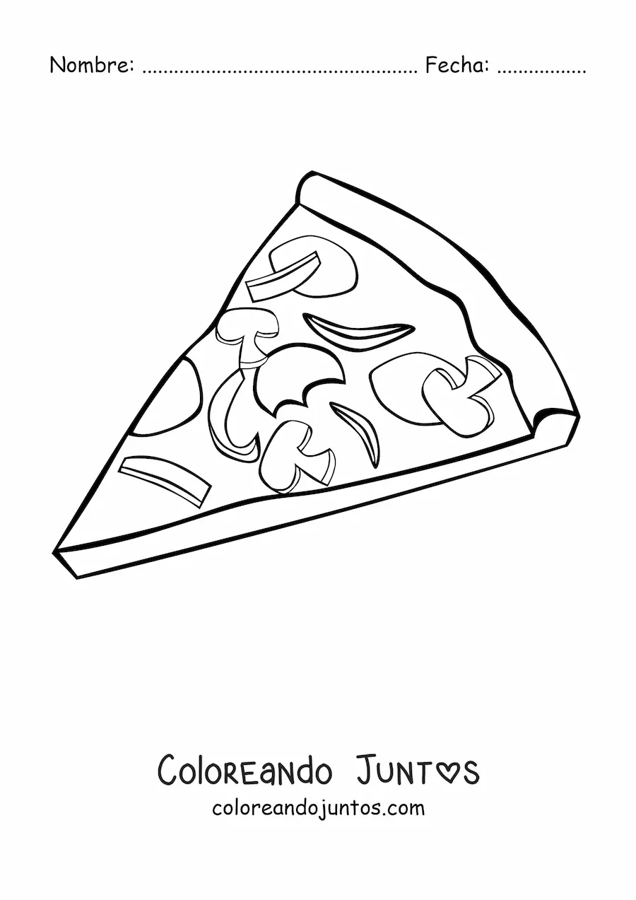 Imagen para colorear de una rebanada de pizza con varios ingredientes