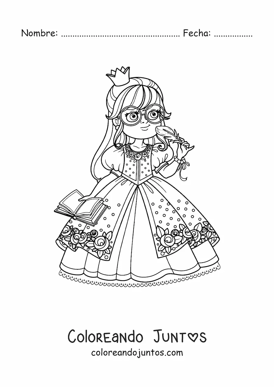 Imagen para colorear de princesa intelectual kawaii con lentes y libro