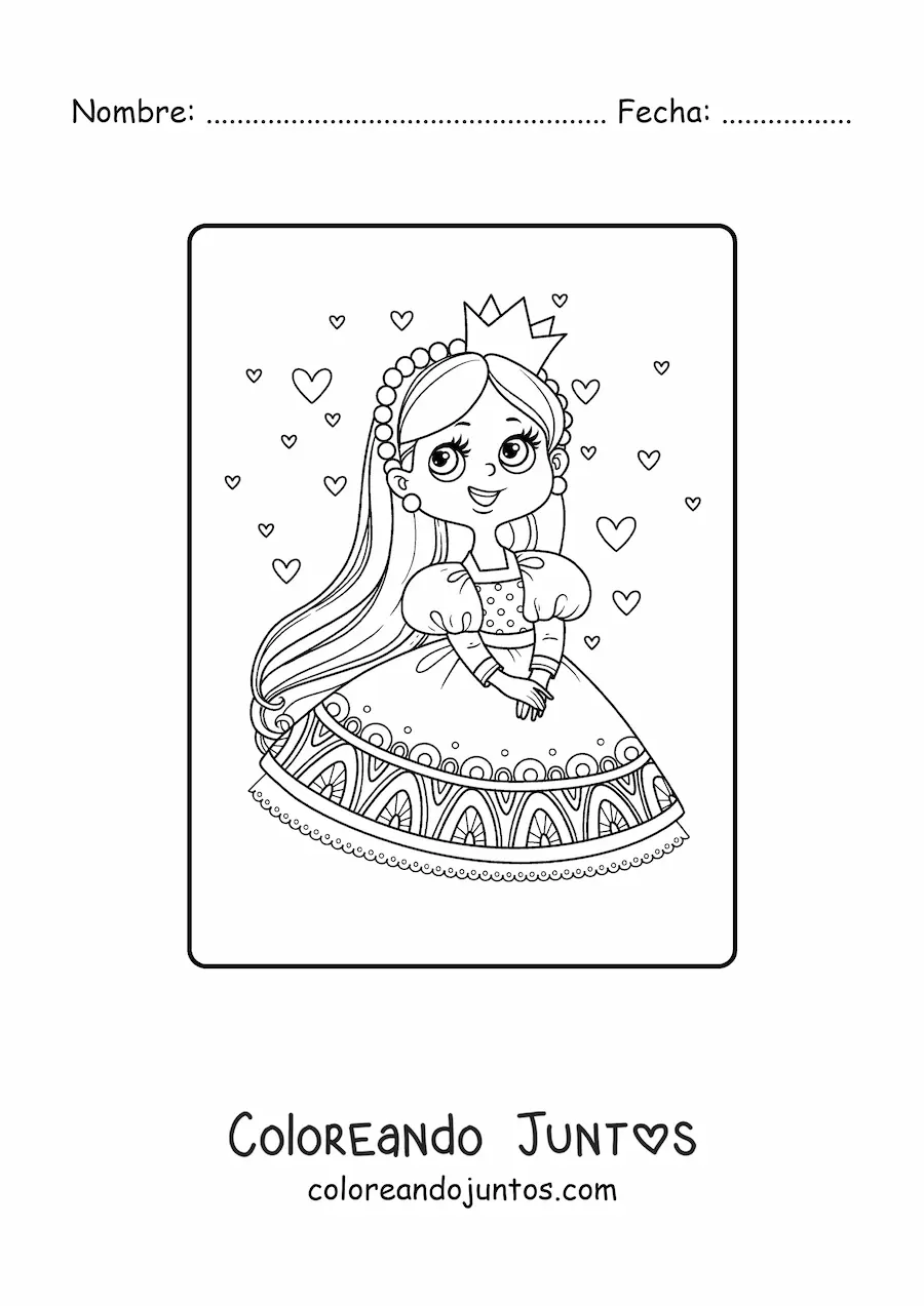 Imagen para colorear de princesa kawaii con corazones