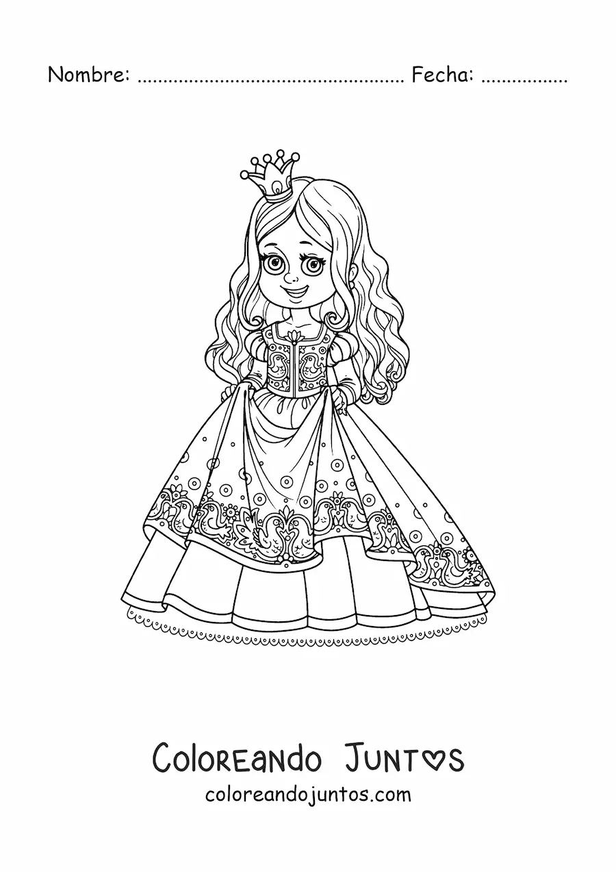 Imagen para colorear de princesa kawaii sujetando su hermoso vestido