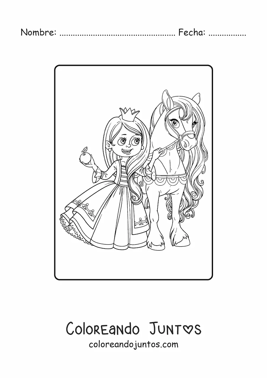 Imagen para colorear de princesa kawaii con manzana y pony