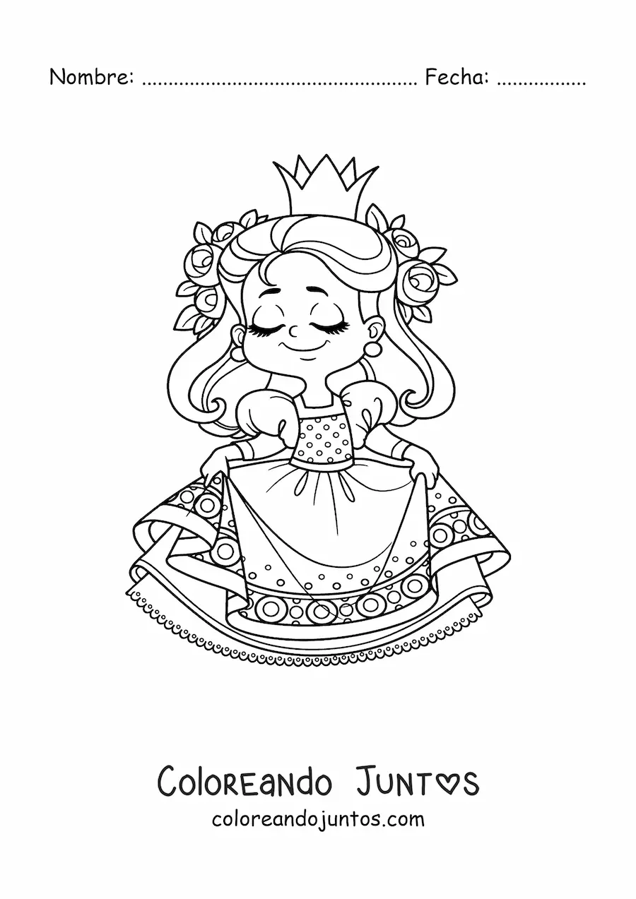 Imagen para colorear de princesa kawaii con flores sujetando su vestido