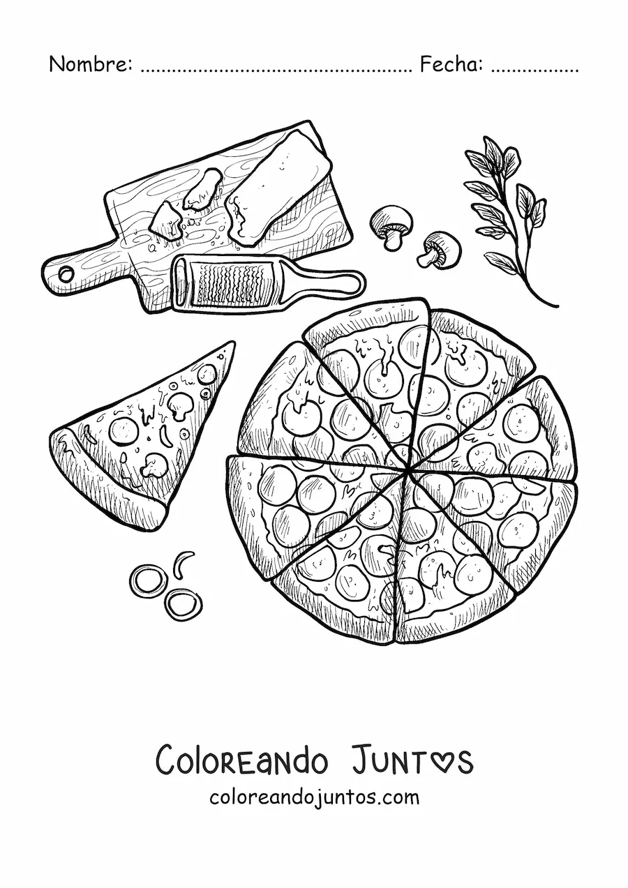 Imagen para colorear de una pizza junto a sus ingredientes