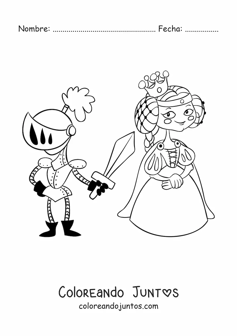 Imagen para colorear de caricatura de príncipe con armadura rescatando a una princesa