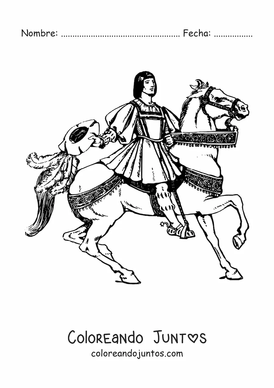 Imagen para colorear de príncipe medieval montando un caballo