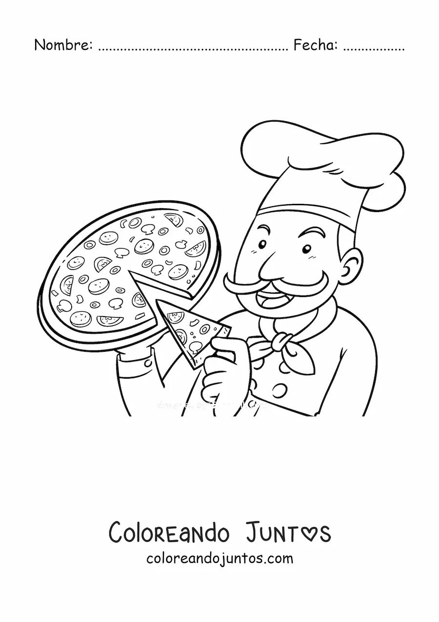 Imagen para colorear de un chef con una pizza sacando una rebanada