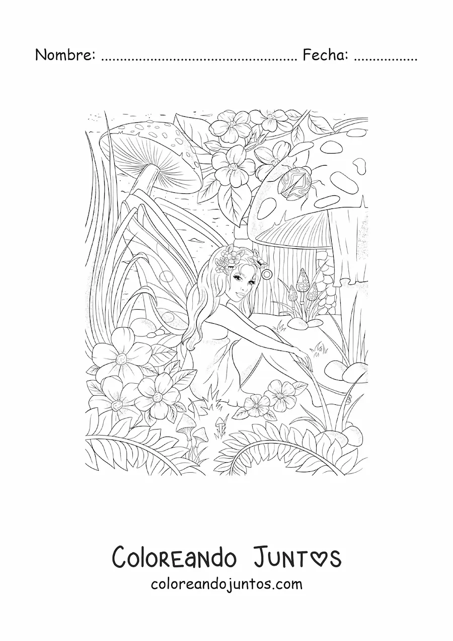 Imagen para colorear de hada realista con flores y hongos sentada en el bosque encantado