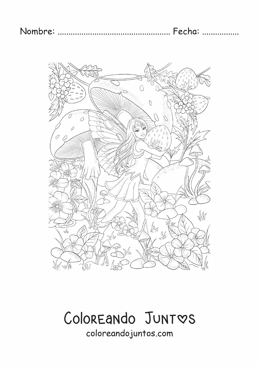 Imagen para colorear de hermosa hada realista con fresas y hongos en jardín mágico