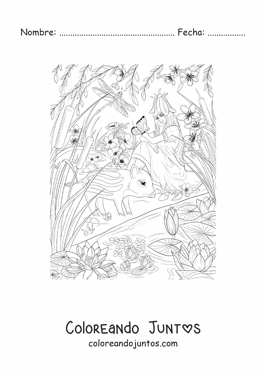 Imagen para colorear de hermosa hada de los animales sentada en jardín mágico con mariposa y tapir