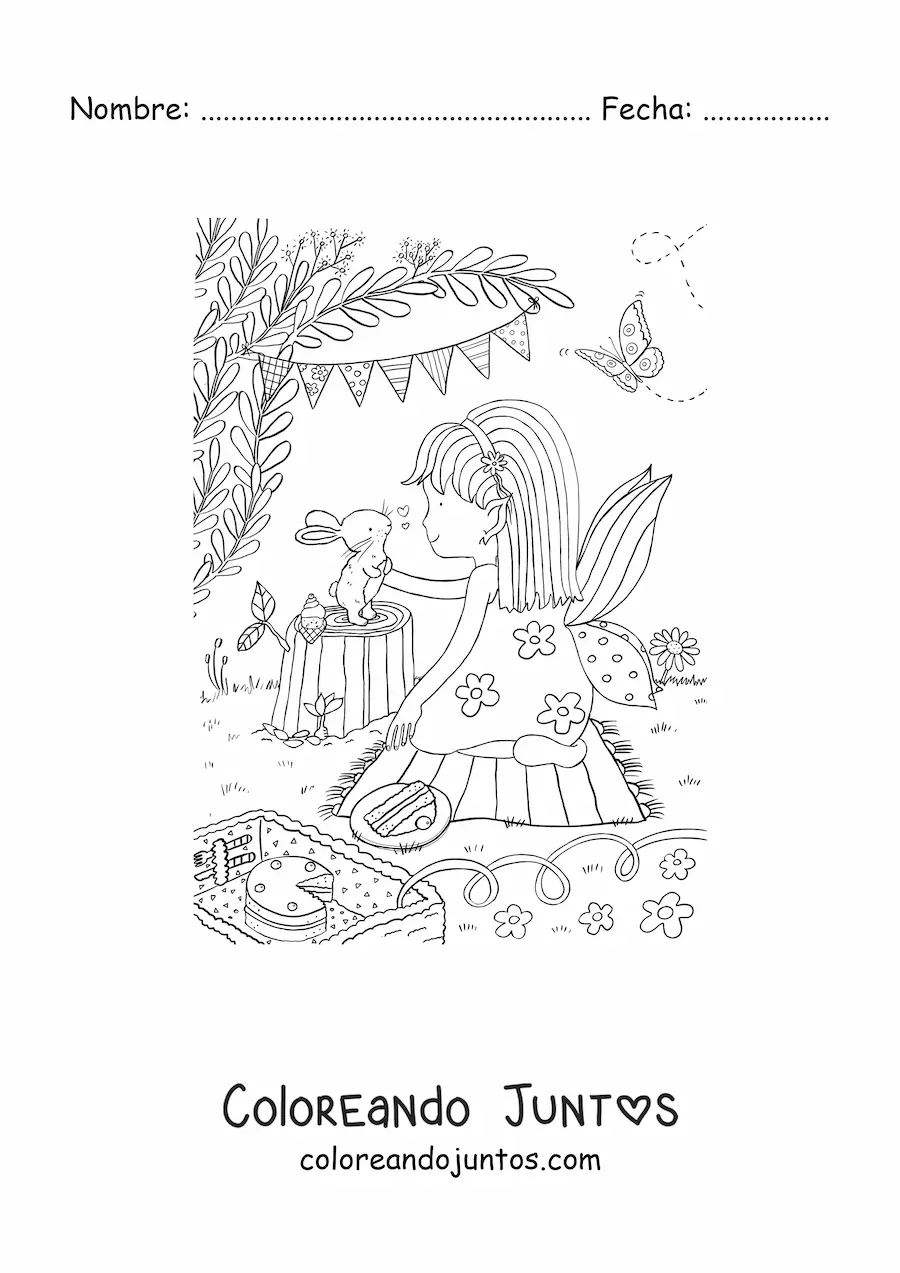Imagen para colorear de niña hada de picnic con un conejo en jardín mágico