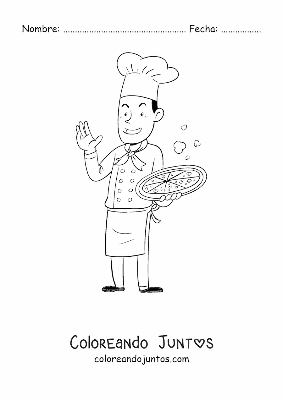 Imagen para colorear de un chef saludando sujerando una pizza