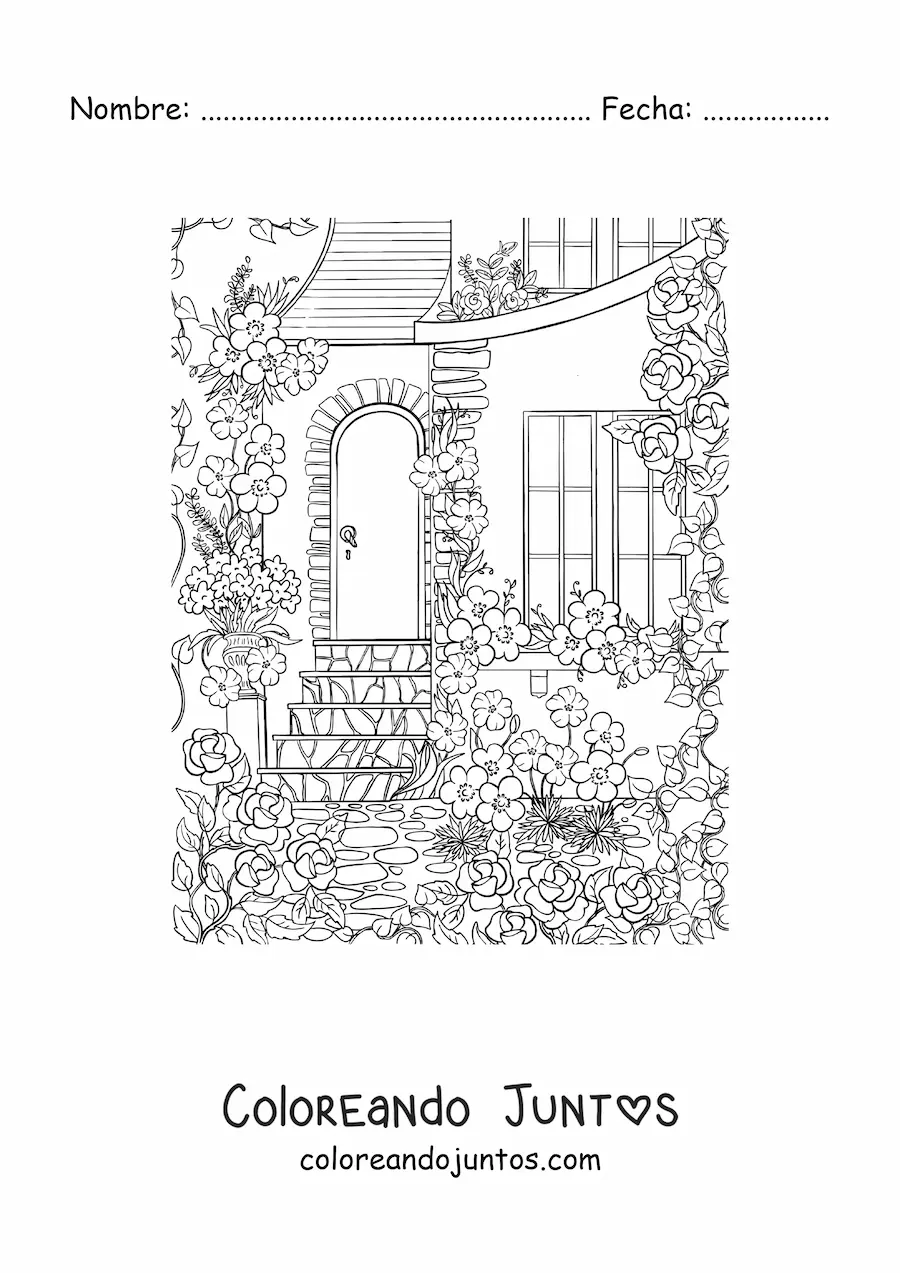 Imagen para colorear de casa con jardín secreto con flores