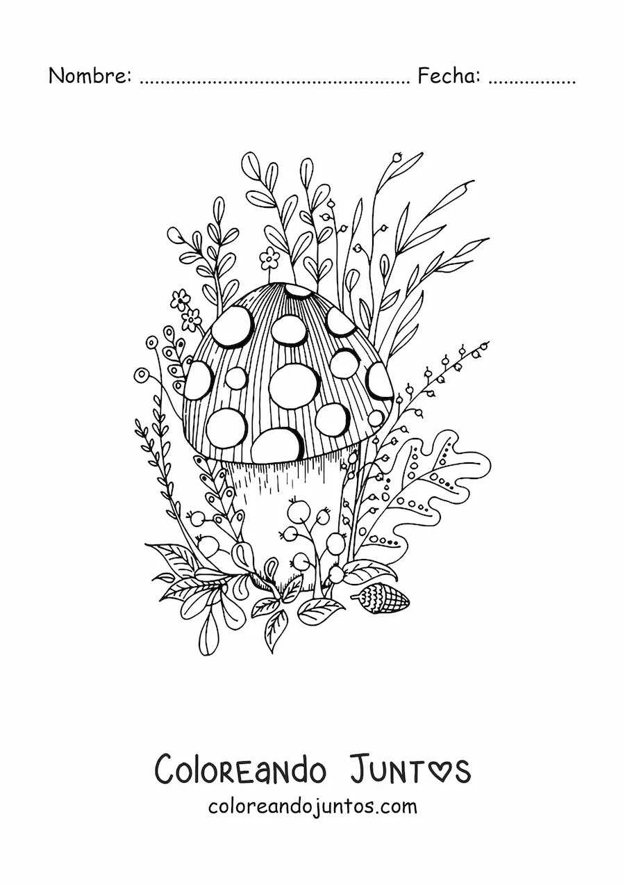 Imagen para colorear de hongo con flores y plantas