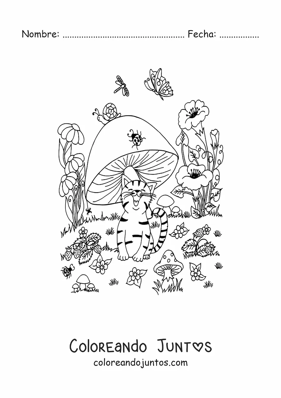 Imagen para colorear de gato animado con hongo y mariposa en jardín mágico