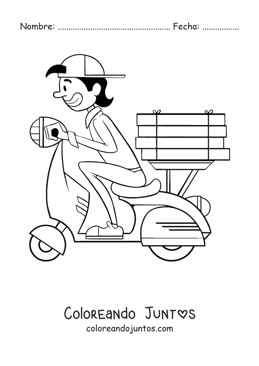 Imagen para colorear de un repartidor de pizza en una motocicleta
