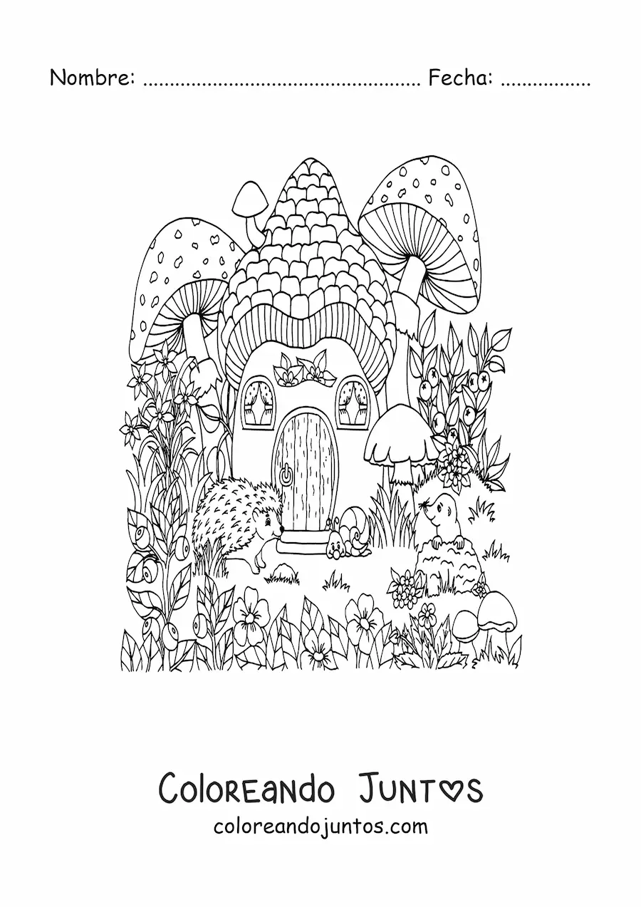 Imagen para colorear de puercoespín y animales del bosque mágico en casa con forma de hongo