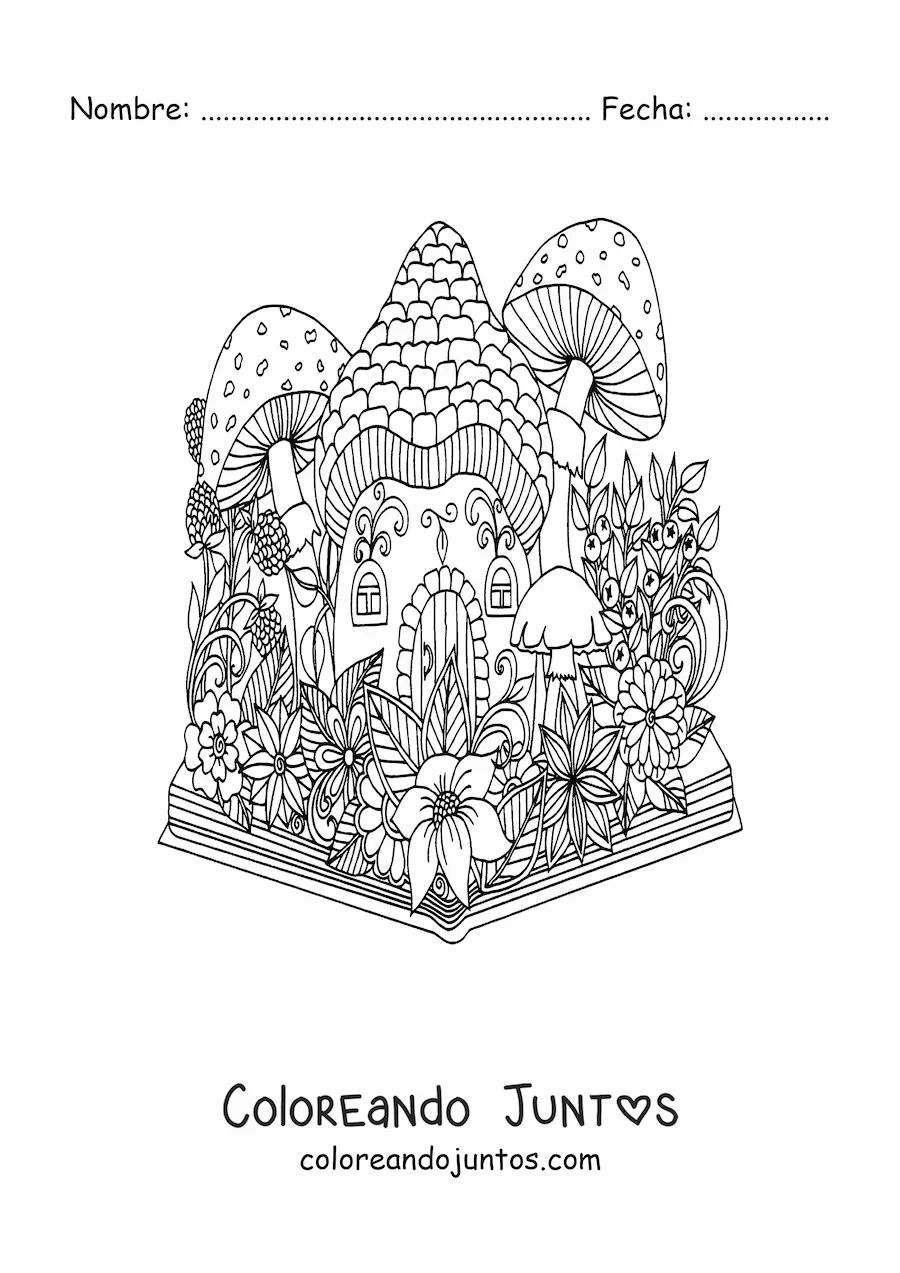 Imagen para colorear de libro con jardín mágico
