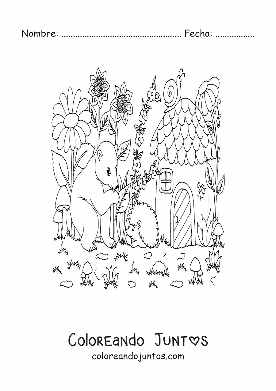 Imagen para colorear de oso y animales del bosque mágico en casa con forma de hongo