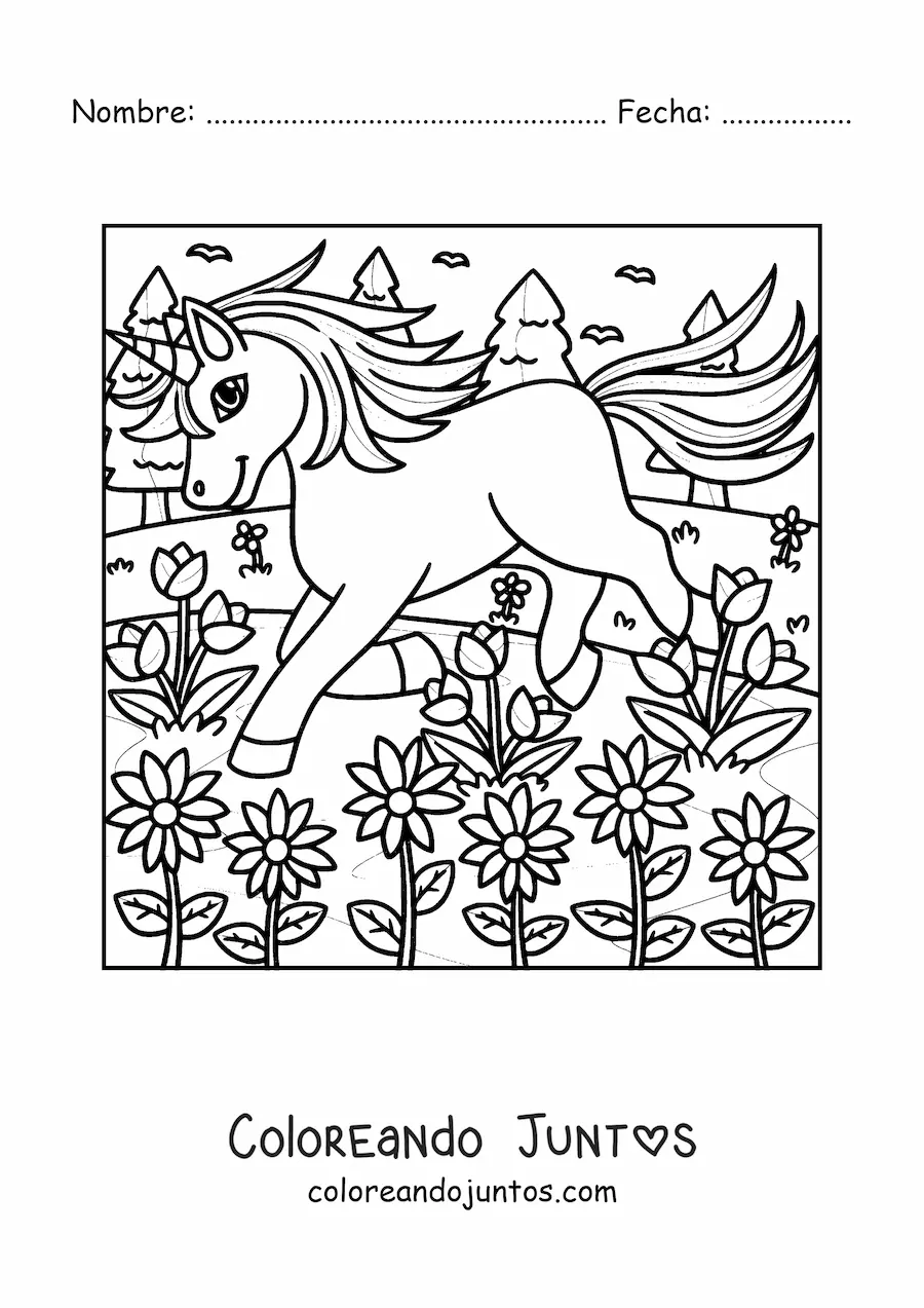 Imagen para colorear de unicornio trotando en jardín mágico