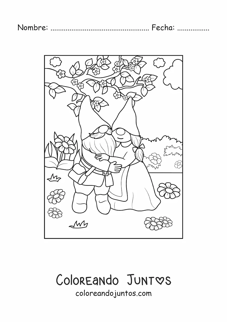Imagen para colorear de pareja de gnomos abrazados en jardín