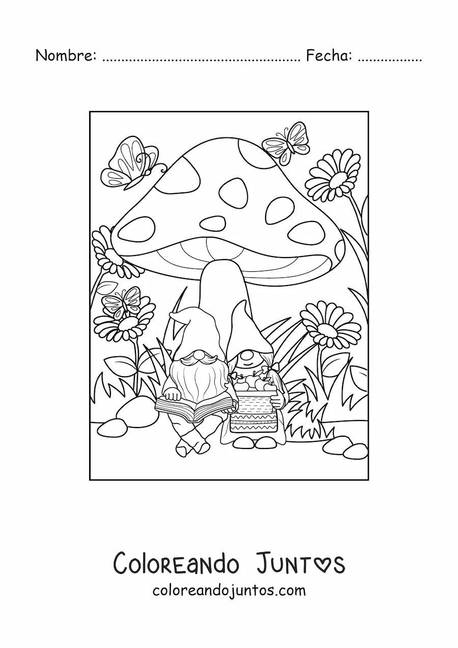 Imagen para colorear de pareja de gnomos leyendo bajo un hongo