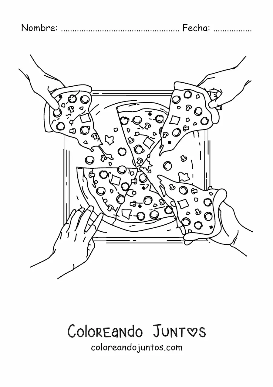 Imagen para colorear de varias manos agarrando rebanadas de una pizza en una caja