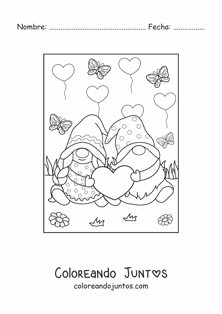 Imagen para colorear de pareja de gnomos enamorados en San Valentín