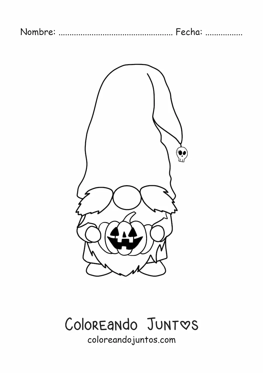 Imagen para colorear de gnomo de Halloween con calabaza