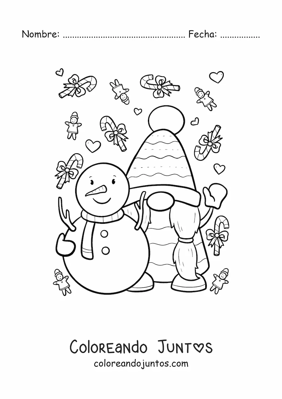 Imagen para colorear de gnomo navideño con muneco de nieve