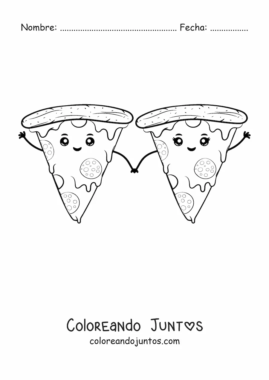 Imagen para colorear de una pareja de rebanadas de pizza kawaii sujeta de las manos