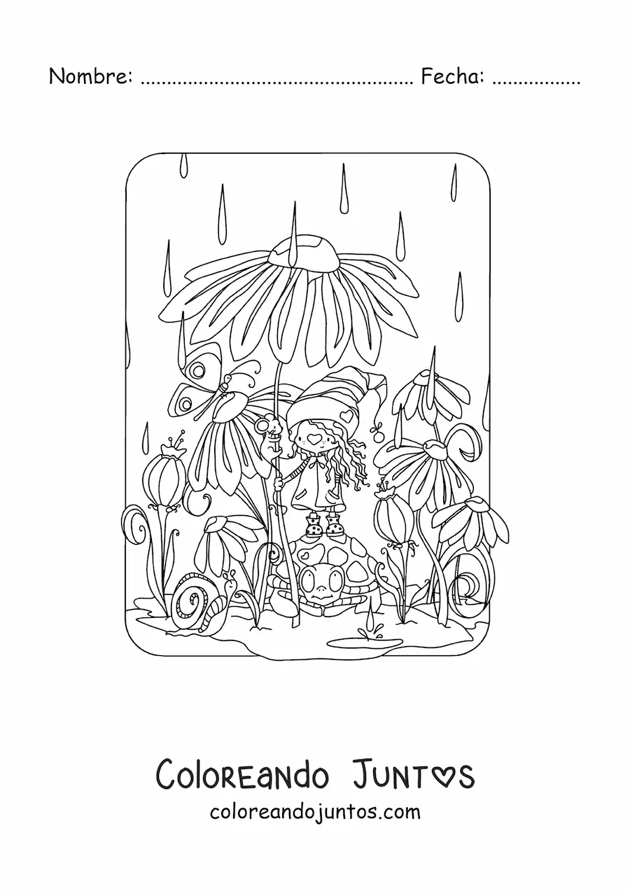 Imagen para colorear de gnomo kawaii usando una flor como paraguas