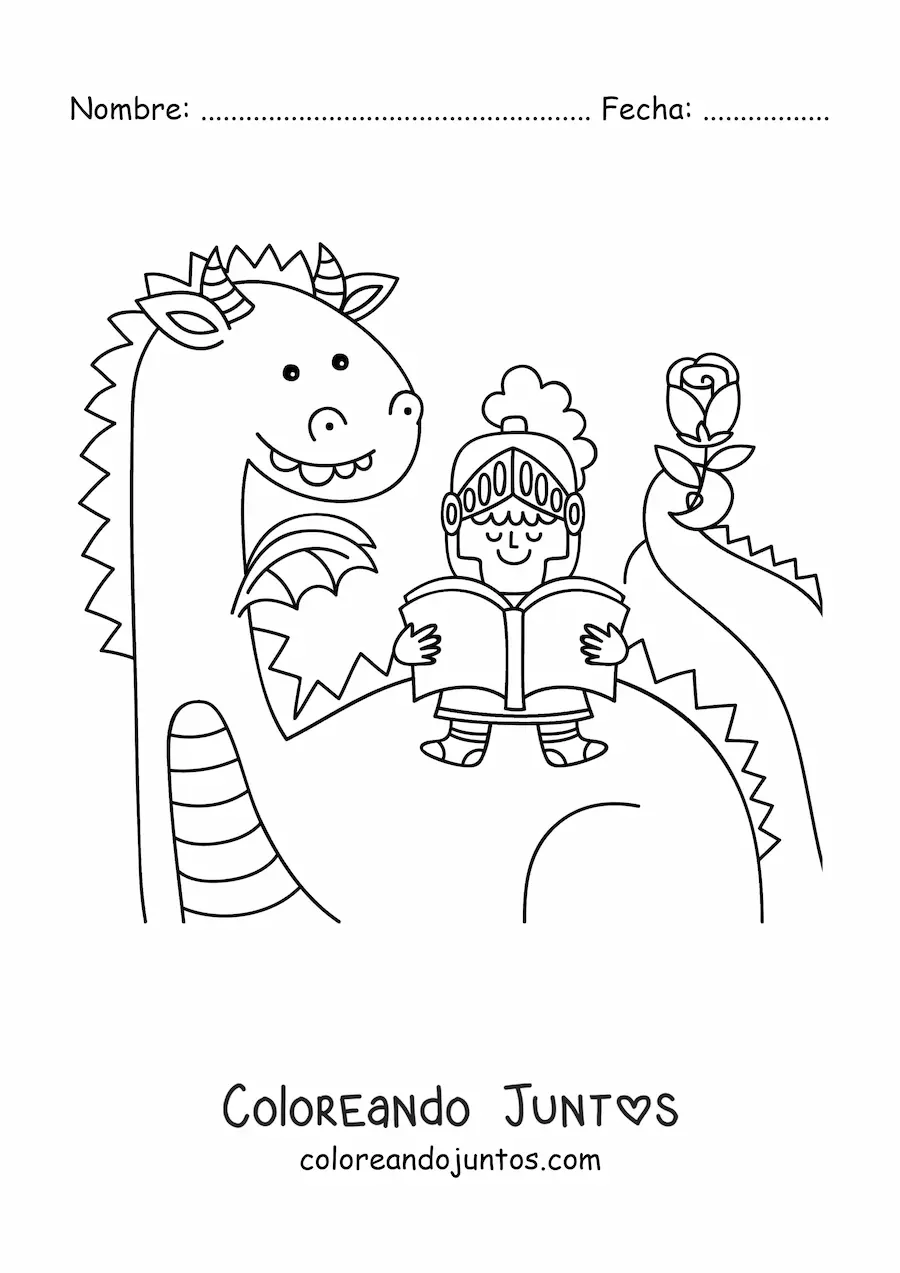 Imagen para colorear de caballero kawaii leyendo un libro sentado en un dragón