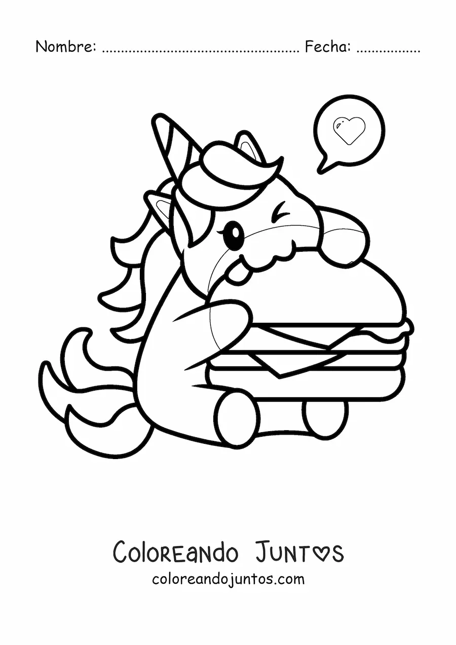 Imagen para colorear de un unicornio kawaii comiendo una hamburguesa gigante con un corazón