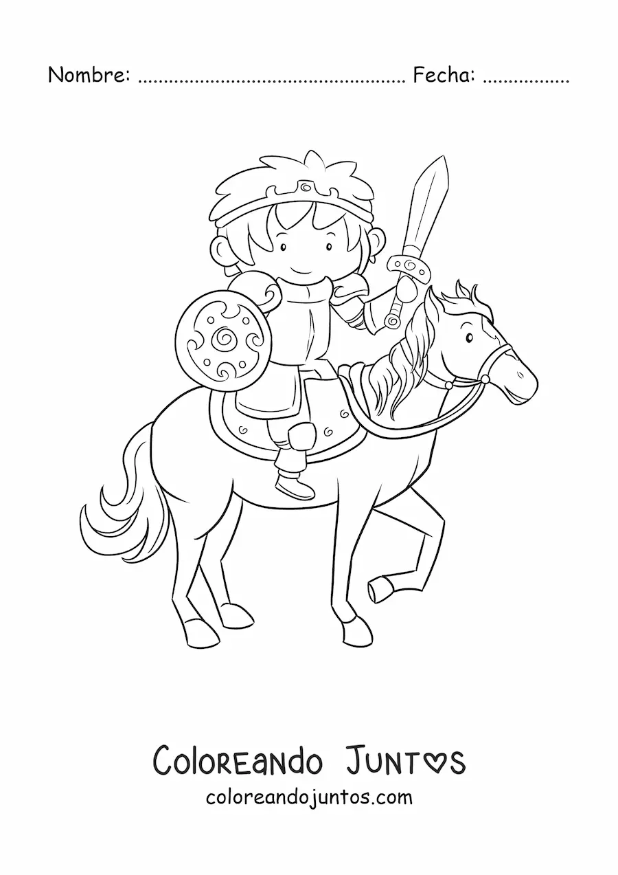 Imagen para colorear de caballero animado con espada y escudo montando a caballo