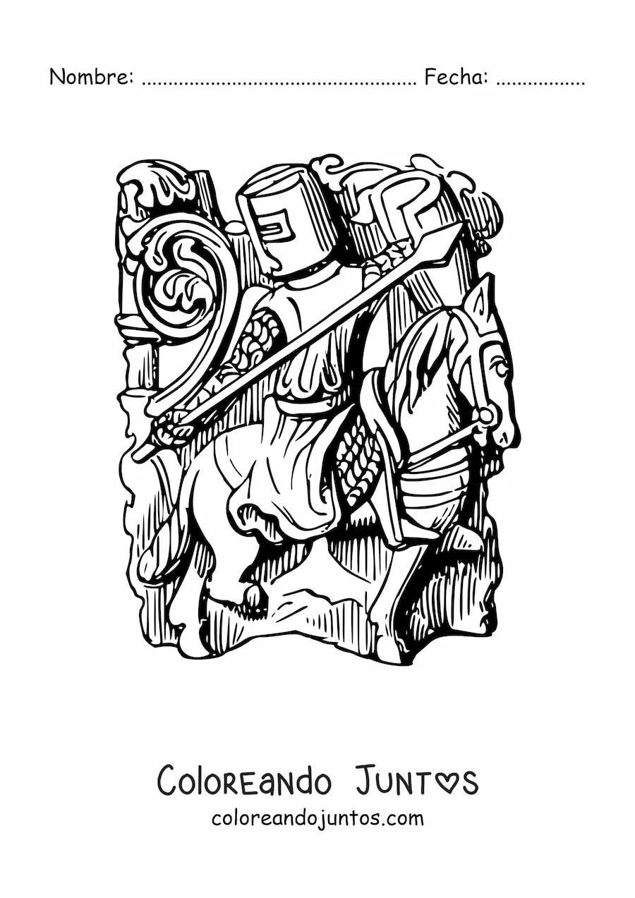 Imagen para colorear de caballero con lanza y escudo en su corsel