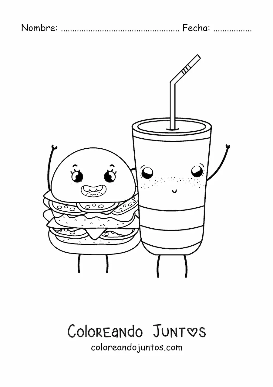 Imagen para colorear de una hamburguesa y un refresco kawaii animados sonriendo