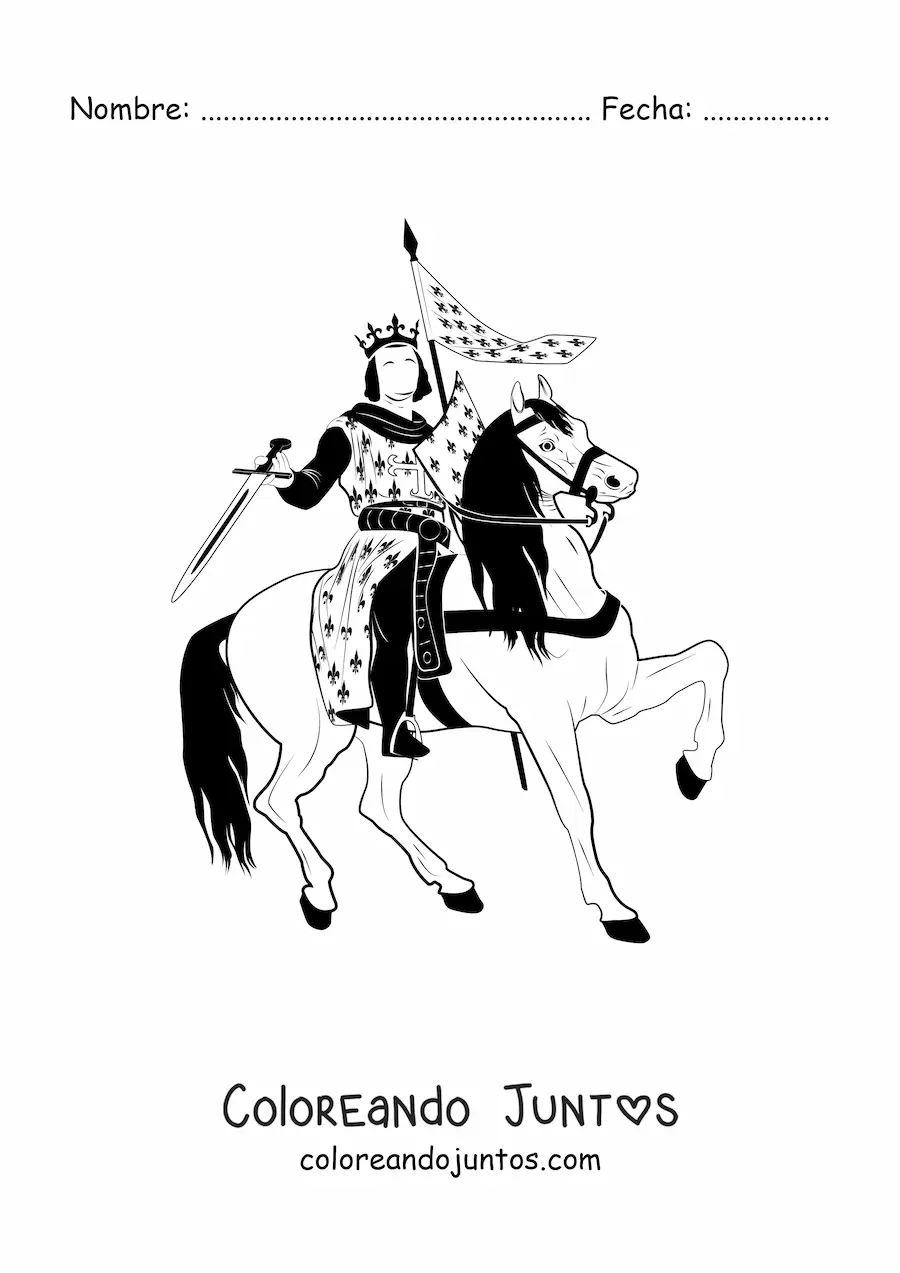 Imagen para colorear de rey con espada peleando en un caballo
