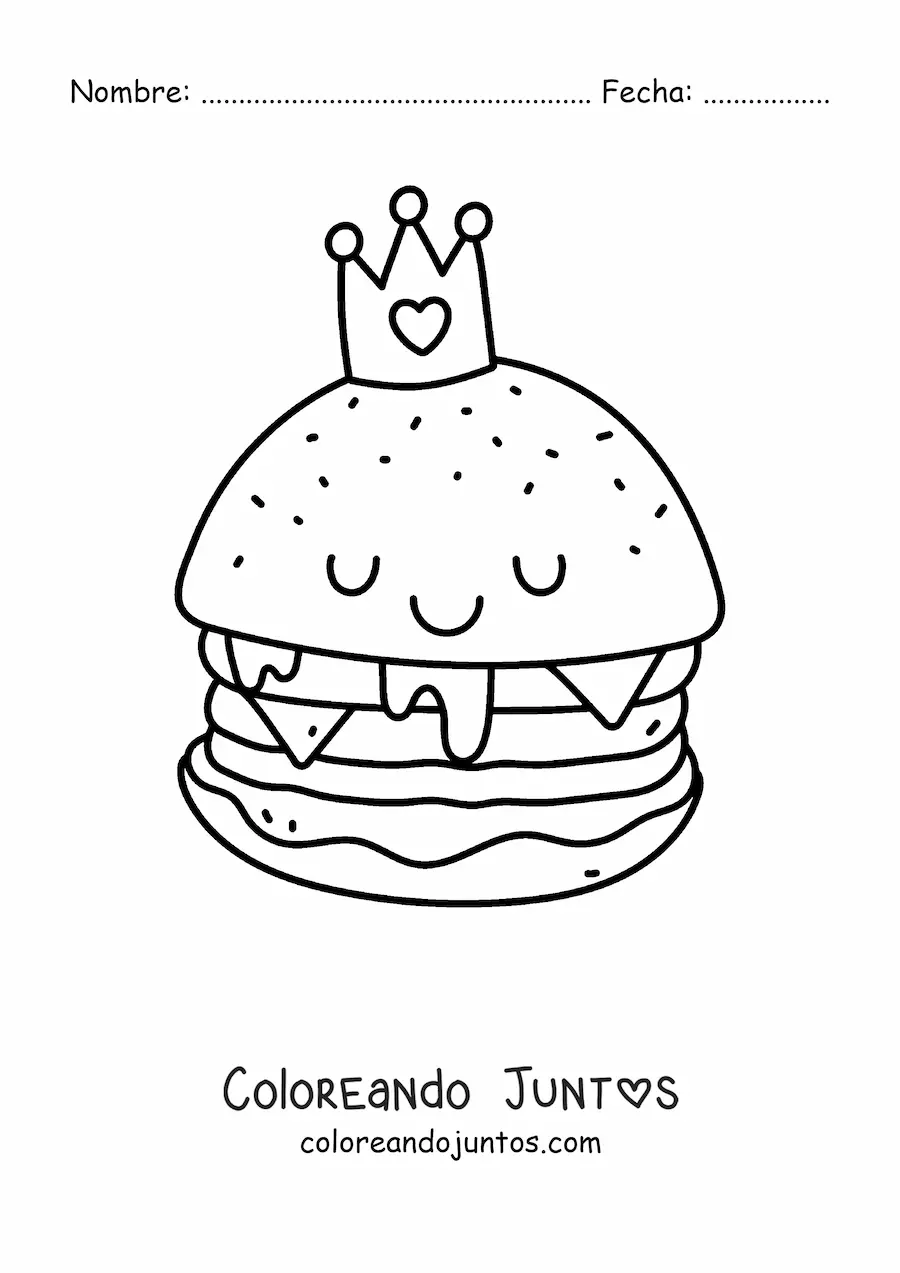 Imagen para colorear de una hamburguesa kawaii con queso derretido y una corona