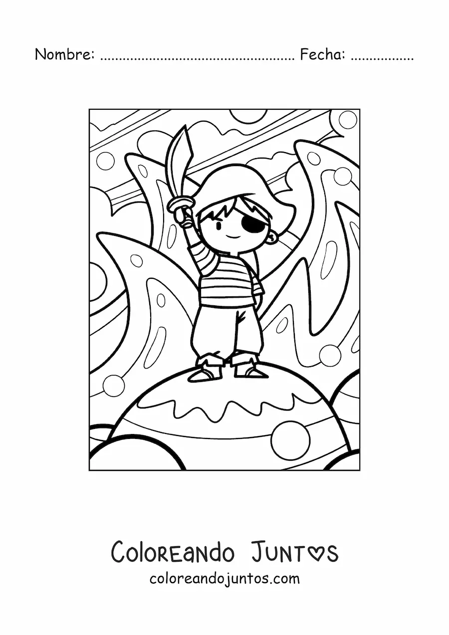Imagen para colorear de niño pirata animado con espada en una isla