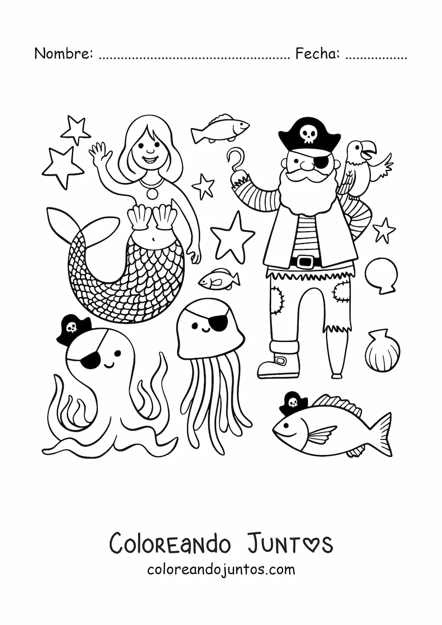 Imagen para colorear de pirata animado con sirena y animales