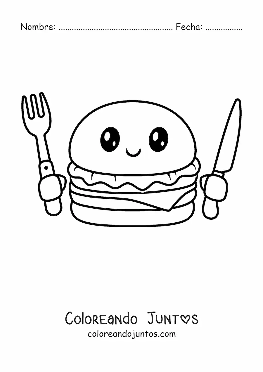 Imagen para colorear de una hamburguesa kawaii con un tenedor y un cuchillo