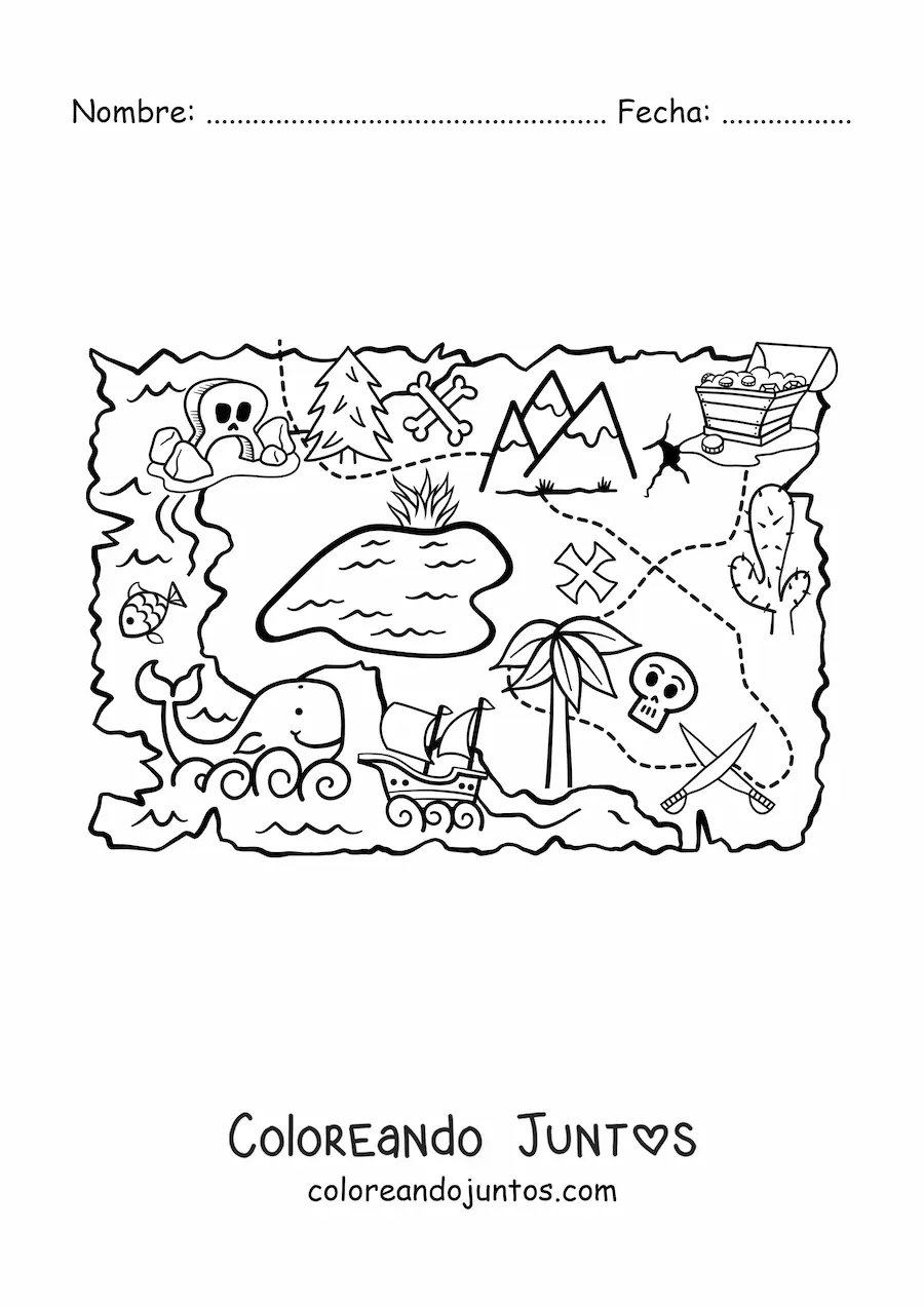 Imagen para colorear de isla del tesoro en un mapa