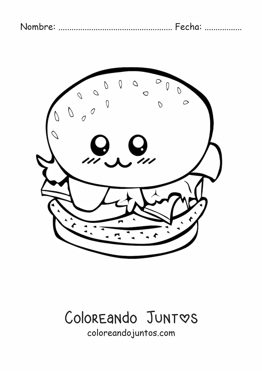 Imagen para colorear de una hamburguesa kawaii animada