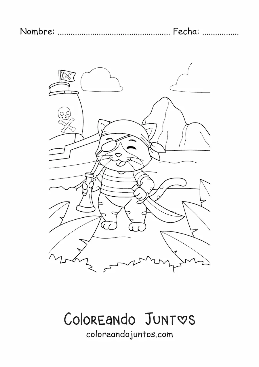 Imagen para colorear de gato pirata animado en la isla del tesoro con su barco